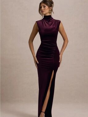 Club L London Sleeveless High-Neck Velvet Maxi Dress in Plum